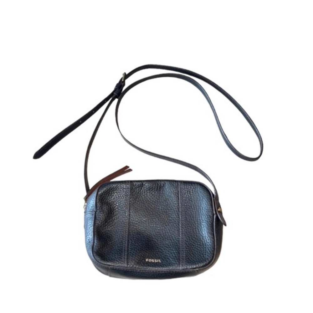 Fossil‎ Gemma Black Brown Trim Pebbled Leather Crossbody Camera Bag